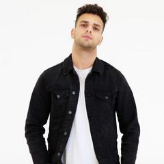 Portrait of One People caucasian adult businessman wear a black shirt and white cloth standing and looking at a camera with white background in a Studio