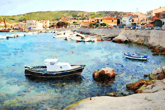 The fishing boats moored in a small bay in a Sardinian village. Digital painting.