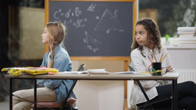 Argued Schoolgirls Sitting Back To Back In Classroom Talking And Showing Tongue Out. Irritated Sad African American And Caucasian Girls Arguing In School Indoors. Friendship Problems