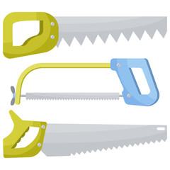 Set of vector work tools. Set of vector hand saws. Coping saw, hacksaw, hand saw drawing isolated on white background. Construction tools in bright colors