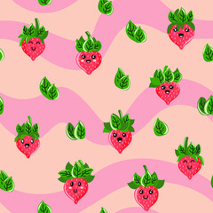 Cute, kawaii anthropomorphic cartoon strawberries seamless pattern with a wavy background. Great for Spring or Summer fabric, scrap-booking, gift-wrap, wallpaper, product design. Vector