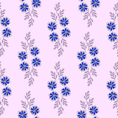 Vector seamless pattern with floral, repeating element. Pattern with a blue flower on a pink background. Use in textiles, clothing, wallpaper, design, baby backgrounds, wrapping paper.