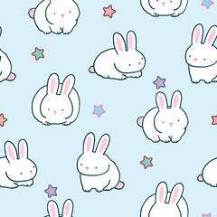 Seamless Pattern of Cartoon Rabbit and Star Design on Light Blue Background