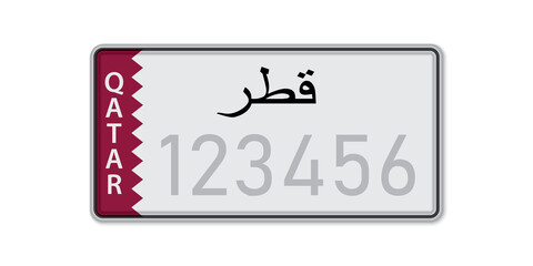 Car number plate . Vehicle registration license of Qatar. With inscription Qatar in Arabic.