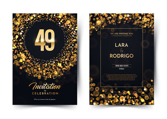 49th years birthday vector black paper luxury invitation double card. Forty nine years wedding anniversary celebration brochure. Template of invitational for print dark background with bokeh lights - obrazy, fototapety, plakaty
