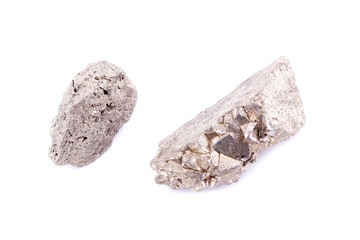 Macro mineral stone Pyrite gold on white background
