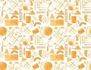 Geometric gold seamless pattern. Abstract golden element. Repeated pattern for design prints. Repeating modern background. Graphic shapes circle, line, square and triangle.