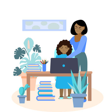 An African-American mother helps her daughter with homework on her laptop. Teaching children online. Home classes. Mom explains to his daughter. Vector illustration in a flat cartoon style.