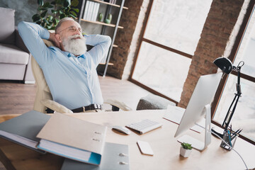 Portrait of attractive man skilled financier hr recruiter resting at brick loft industrial office indoor workplace