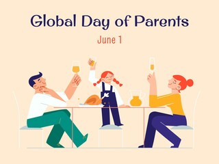 Happy family of a mom, dad and daughter celebrating the Global Day of Parents at the festive table. Appreciation for the commitment of parents towards their children. Family bondings and relationship