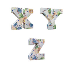 3D wrapped-around Euro banknote alphabet - letters X-Z