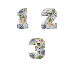 Obraz na płótnie Canvas 3D wrapped-around Euro banknote alphabet - digits 1-3