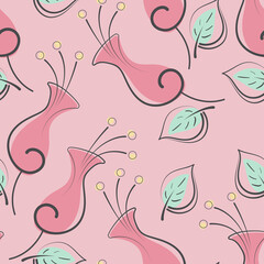 Seamless pattern with flowers and leaves on a pink background. Flat vector abstract illustration