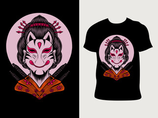 illustration vector geisha woman with mask on t shirt mockup