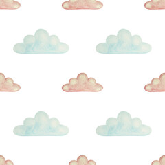 Seamless pattern of watercolor isolated light blue and pink clouds for baby on white background.Static calm pattern