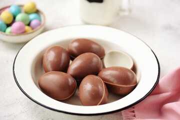 Easter dessert of chocolate eggs with cottage cheese, white chocolate, gelatin and malted eggs. 