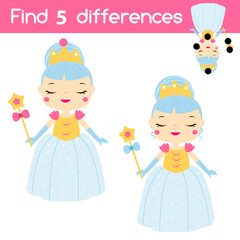 Find the differences educational children game. Kids activity with sweet princess girl