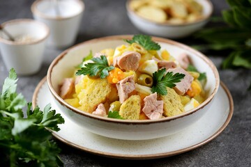 Salad with cod liver, potatoes, eggs, olives, onions and croutons.