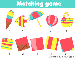 Matching children educational game. Match by pattern. Activity for kids and toddlers summer holidays theme