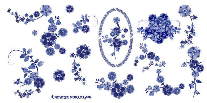 ..Blue and  White  Chinese  flowering branches. Design elements on a white background. Vector clipart.
