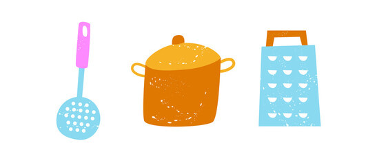 A set of kitchen utensils, kitchen utensils, dishes. Pan and grater kitchen concept. Texture. Flat illustration in doodle style. Vector. Isolated on white background.
