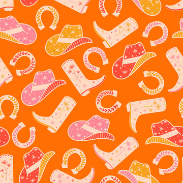 Cowgirl Horse Ranch seamless vector pattern. Cowboy boots, hat, horseshoe repeating background. Wild West surface pattern design for fabric, wallpaper, packaging, wrapping.