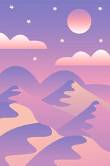 Landscape with waves. Blue night sky. Moon and stars. Yellow, pink, purple and violet mountains silhouette. Sandy desert dunes. Nature and ecology. Vertical banner. Social media, post cards, posters