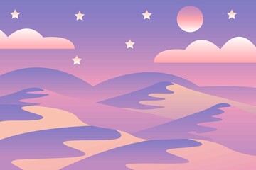 Obraz na płótnie Canvas Landscape with waves. Blue night sky. Moon and stars. Yellow, pink, purple and violet mountains silhouette. Sandy desert dunes. Nature and ecology. Horizontal banner. Social media, post cards, posters