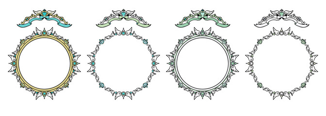 ファンシーでアンティークな丸フレームセット ベクター 緑