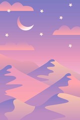 Obraz na płótnie Canvas Landscape with waves. Blue night sky. Moon and stars. Yellow, pink, purple and violet mountains silhouette. Sandy desert dunes. Nature and ecology. Vertical banner. Social media, post cards, posters