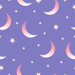 Fototapeta na wymiar Seamless pattern with moon and stars. Blue backround. Violet, purple, pink and white gradients. Cartoon style. For kids design. Post cards, textile, wallpaper, scrapbooking, wrapping paper and nursery