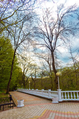 Railing with balustrade. Take a walk along the embankment. Psekups River embankment in Goryachy Klyuch
