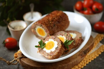 Meatloaf with boiled eggs inside.
