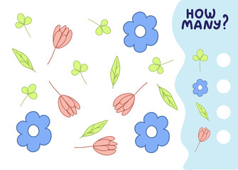 Counting game for preschool kids. Educational math game. Count how many flowers and leaves there are and write down the result. Vector illustration in cartoon style