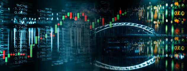 glowing number and graph of index stock market  and city light banner business background