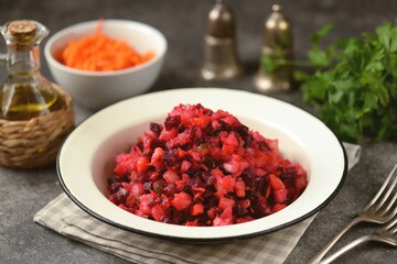 raditional salad Vinaigrette of beets, potatoes, carrots, pickles with onions and vegetable oil.