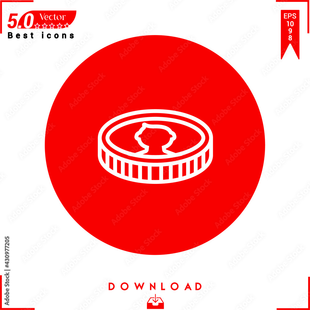 Poster outlines of a white coin icon isolated on a red background. line symbol. graphic design, mobile appl