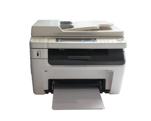 front view beautiful white and gray printer and paper on white background,technology, object, copy space