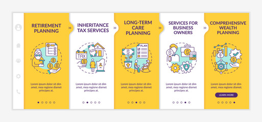 Wealth control services onboarding vector template. Responsive mobile website with icons. Web page walkthrough 5 step screens. Inheritance tax services color concept with linear illustrations