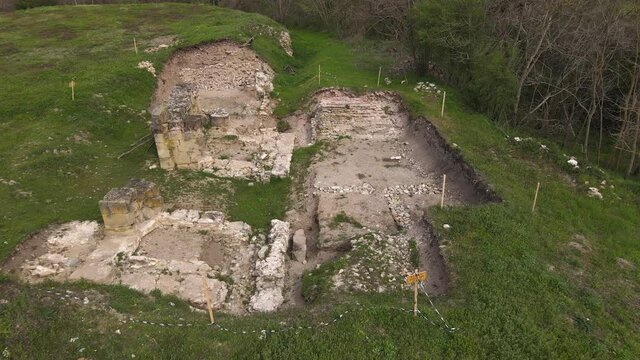 Drone aerial view on main gate ruin of Felix Timacum minus ancient castle and fortress military garrison from roman empire time with walls and buildings remaining located near Ravna Knjazevac Serbia