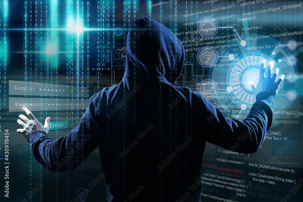 Poster man in hood and digital code on dark background, back view. cyber attack concept