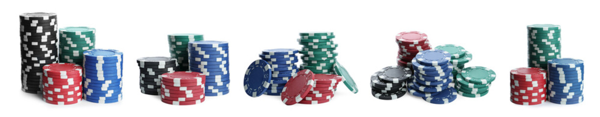 Set with stacks of different casino chips on white background, banner design. Poker game