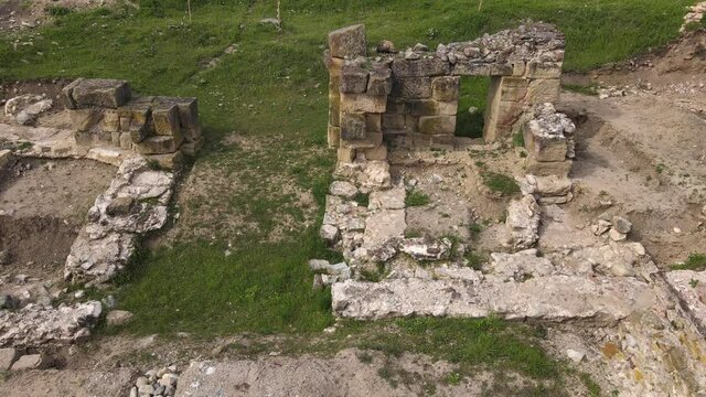 Drone aerial view on main gate ruin of Felix Timacum minus ancient castle and fortress military garrison from roman empire time with walls and buildings remaining located near Ravna Knjazevac Serbia