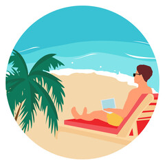 Obraz na płótnie Canvas Freelance guy sits on a beach in a sun lounger and works remotely