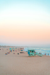 Santa Monica beach with beautiful pink sky. Los Angeles, USA - 15 Apr 2021