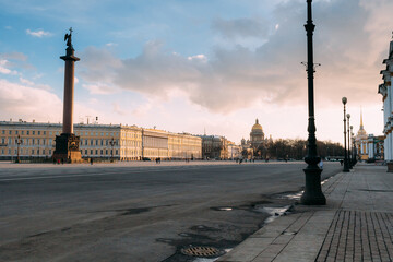 A street in the center of Saint Petersburg is flooded with sunshine