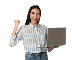 Emotional young woman with modern laptop on white background