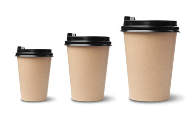 Set with different takeaway coffee cups on white background