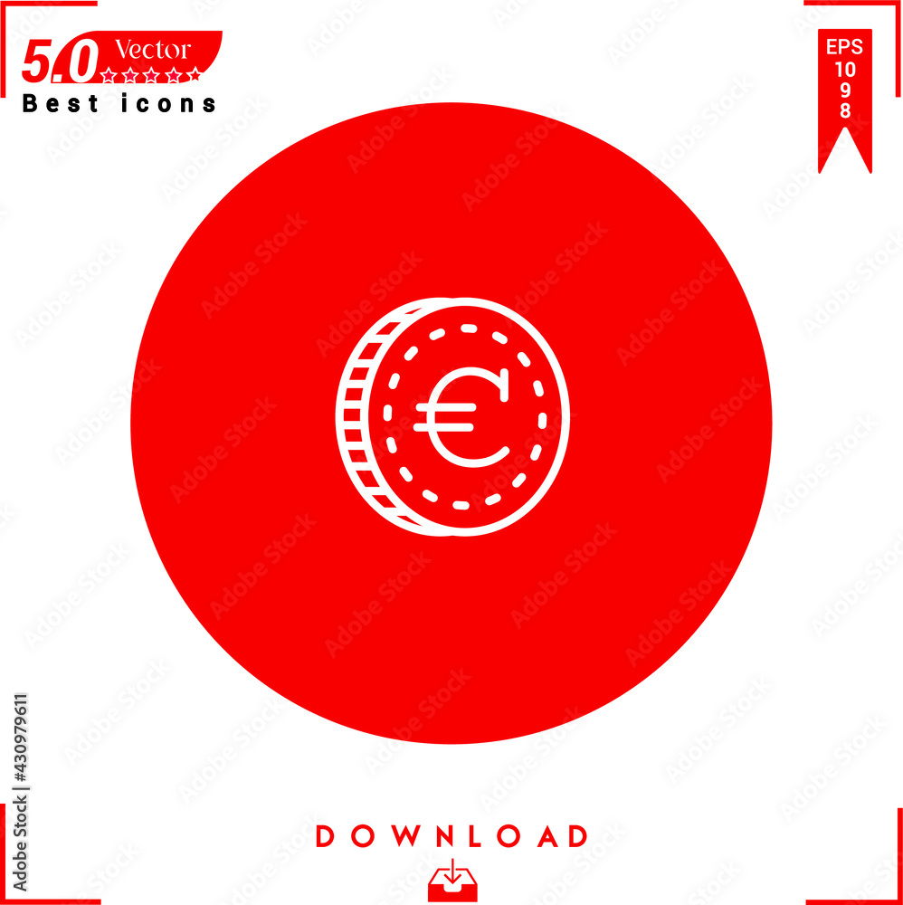 Poster outlines of a white coin icon isolated on a red background. line symbol. graphic design, mobile appl