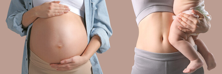 Closeup view of mother with baby and pregnant woman touching her belly on color background, collage. Banner design